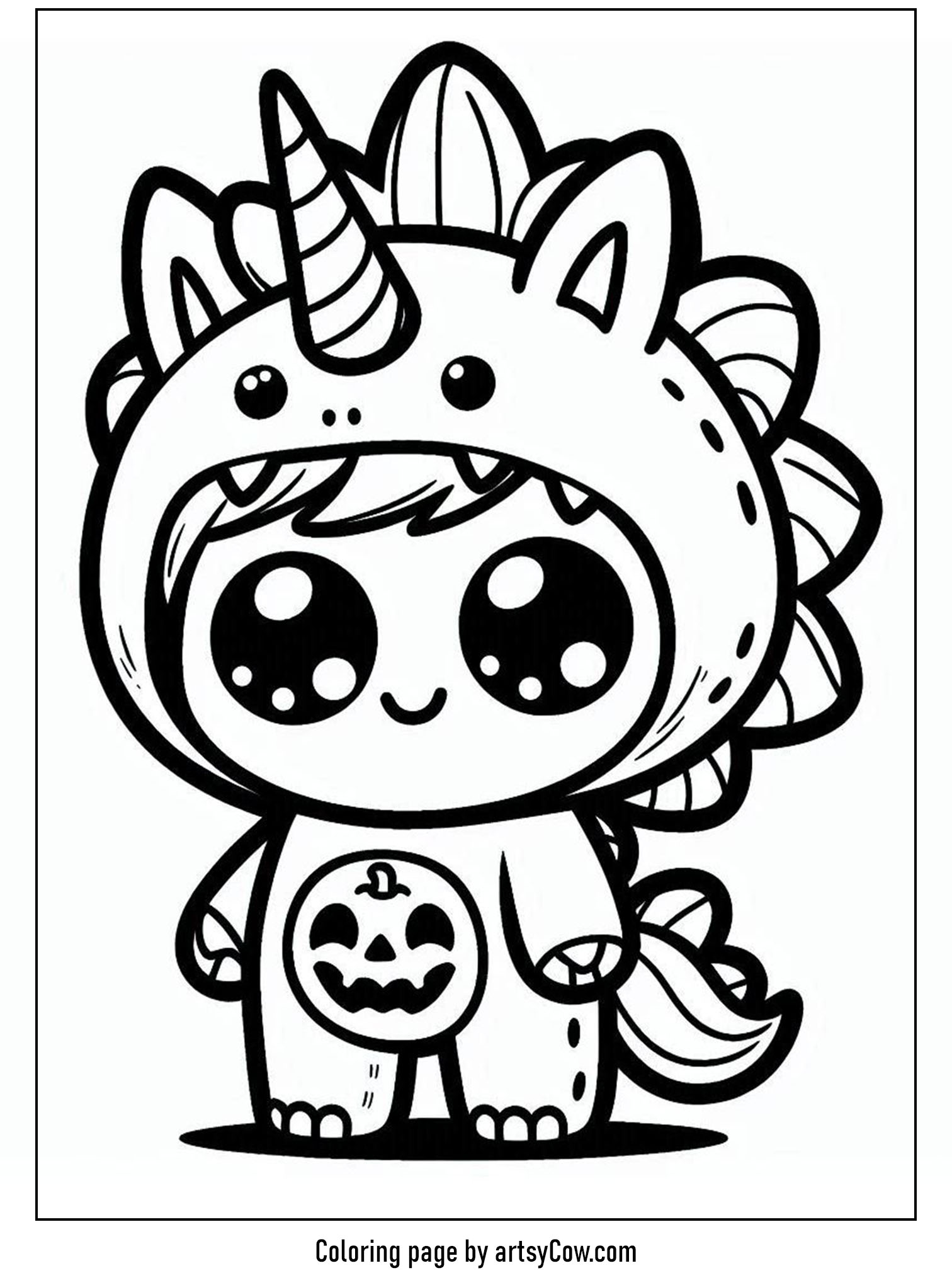 halloween coloring pages with unicorn 2 featuring a cute unicorn dressed in an adorable monster costume with a pumpkin design